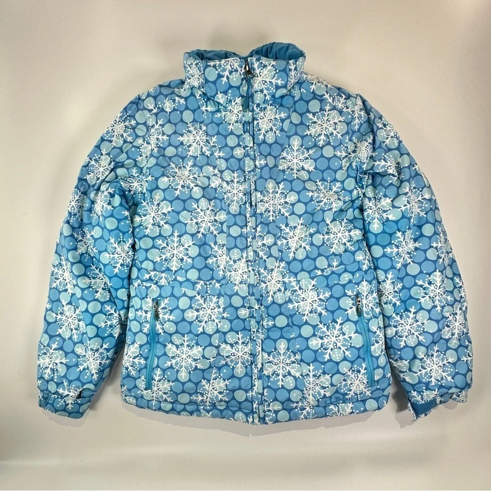 LL Bean Kids Ski Jacket Thinsulate Snowflake Print Blue Large 14 16
